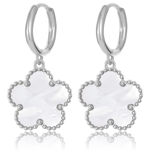 Gold Plated Five Leaf Clover Dangle Earrings for Women Lucky Flower Jewelry (White-White Gold Plated)