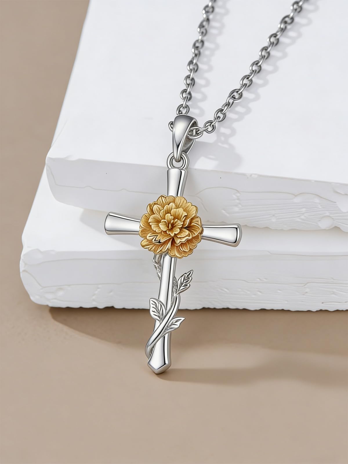 Cargari Marigold Flower Cross Necklace for Women 925 Sterling Silver Marigold Pendant Necklace Religious Floral Jewelry Gift