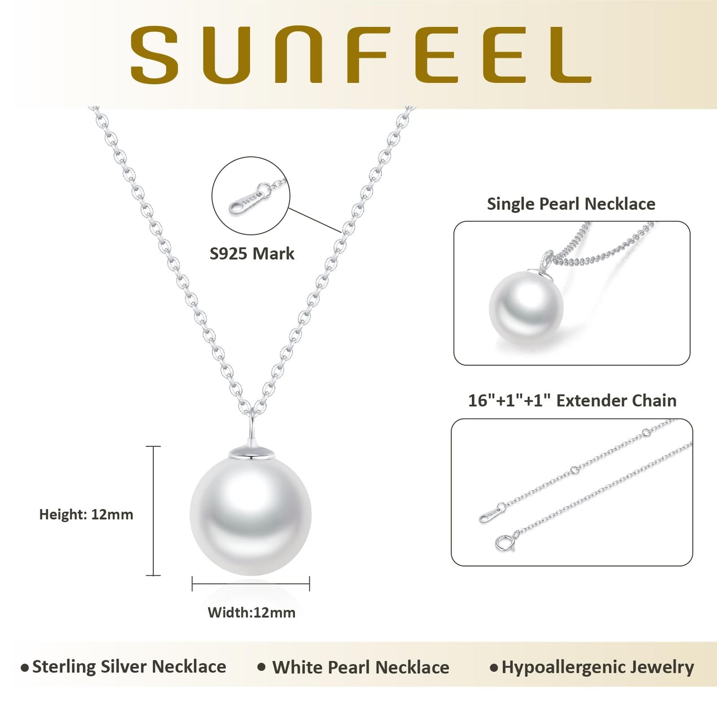 SUNFEEL 925 Sterling Silver Pearl Necklaces for women 12MM Single Pearl Pendant Necklace Gifts for Her Mom Wife Girlfriend Engagement Wedding Birdal Christmas Trendy Jewelry