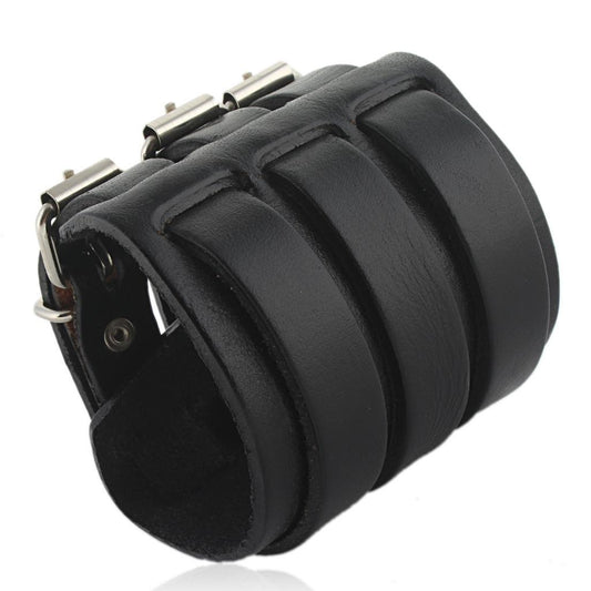 EVER FAITH 3 Layer Wide Belt Synthetic Leather Men Wristband Black Bracelet Unisex Couple
