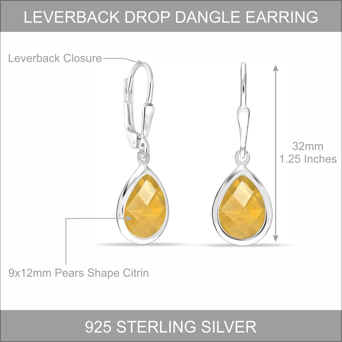 LeCalla 925 Sterling Silver Bezel-Set Leverback Earrings | Citrine Gemstone Drop Earrings for Women 32MM
