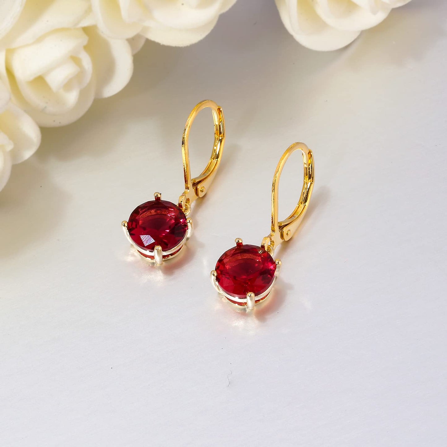 CiNily Leverback Dangle Earrings for Women Ladies Red Cubic Zircon Pendant Earrings 14K Gold Plated Hypoallergenic Crystal Drop Earrings for Sensitive Ears Jewelry 8 mm