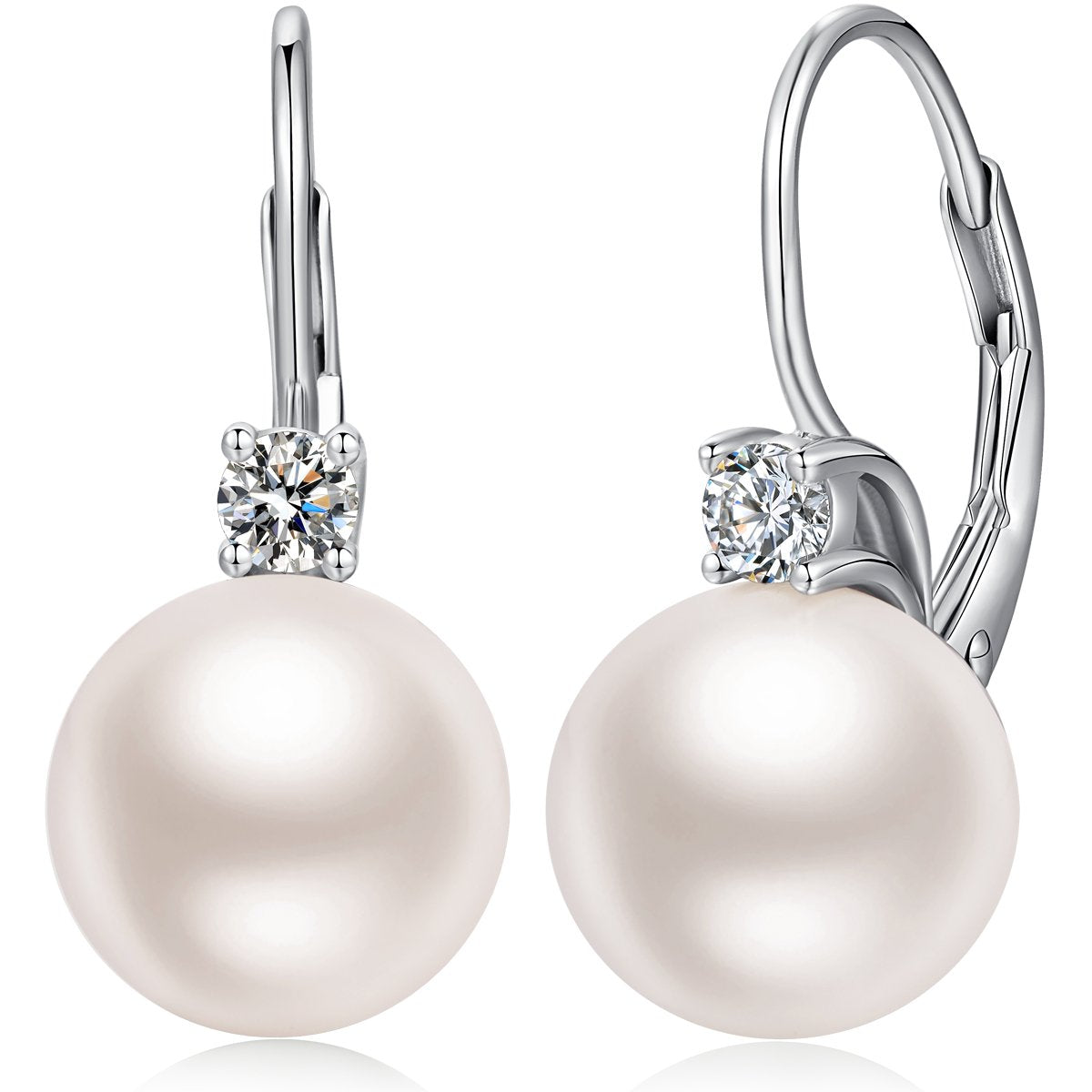 Pearl Leverback Earrings Pearl Dangle Drop Earring for Women 925 Sterling Silver Cubic Zirconia 10mm Jiahanzb