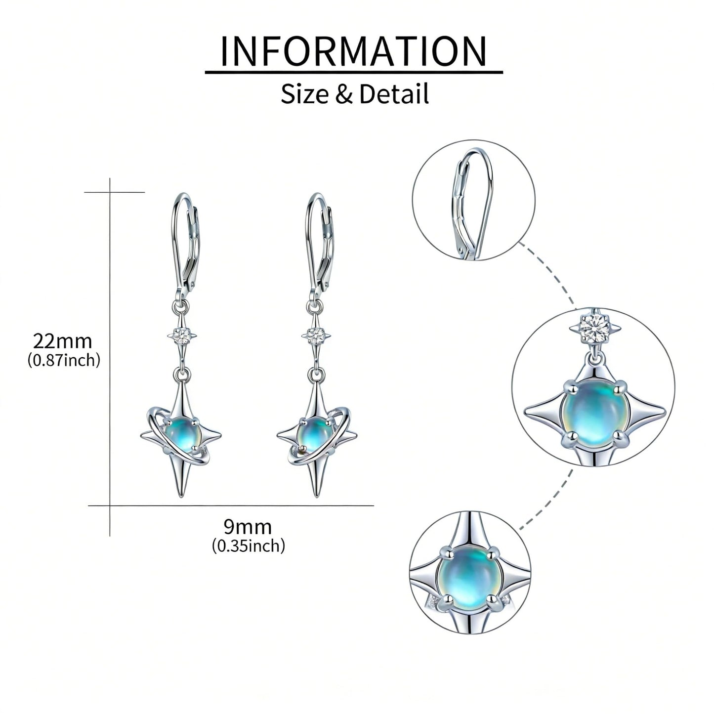 North Star Earrings 925 Sterling Silver Star Dangling Drop Earrings with Moonstone Jewelry Gifts for Women
