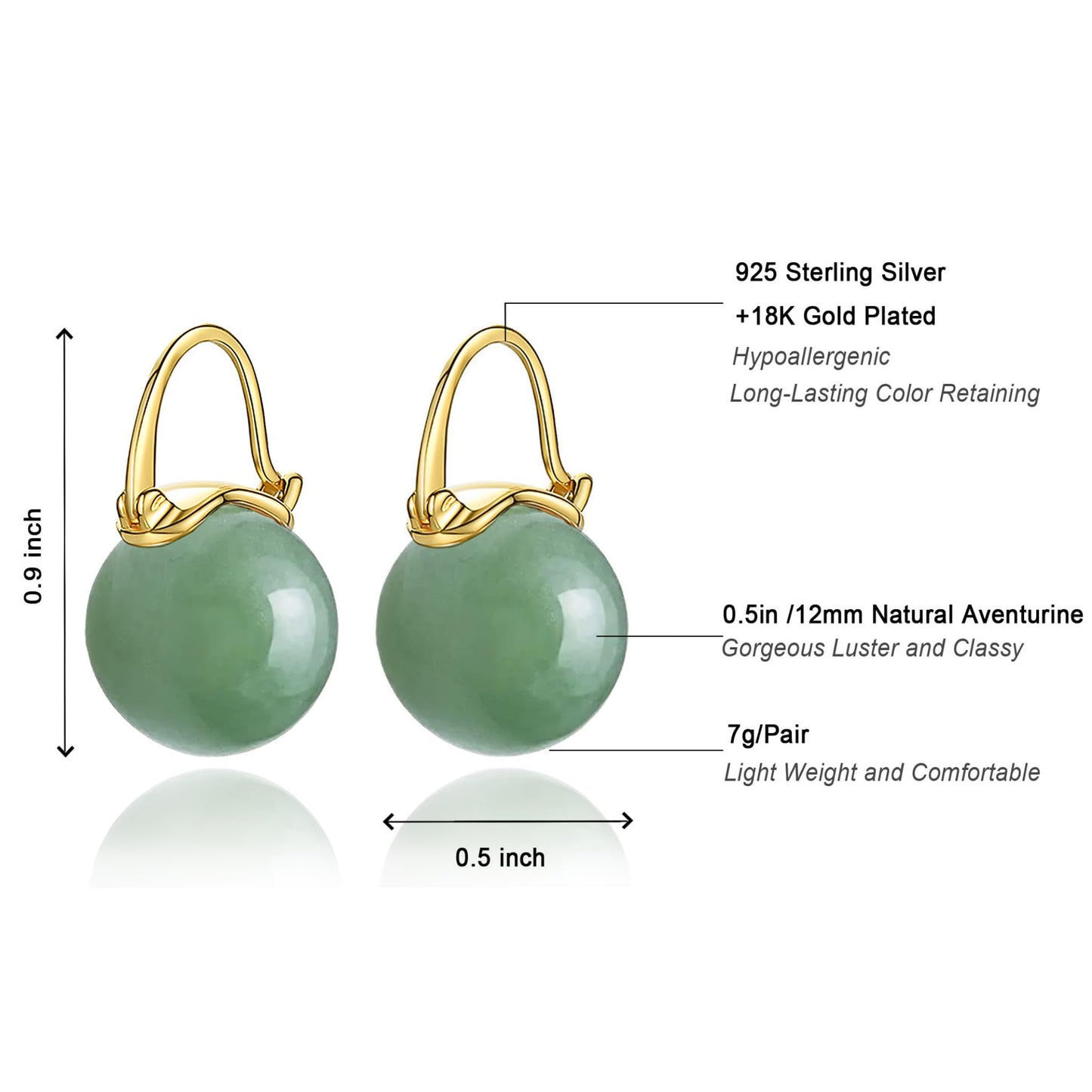 OwMell Elegant 925 Sterling Silver Pearl Drop Earrings Dangle Stud Gold Plated Earrings for Women Large Size 12mm - Green Aventurine