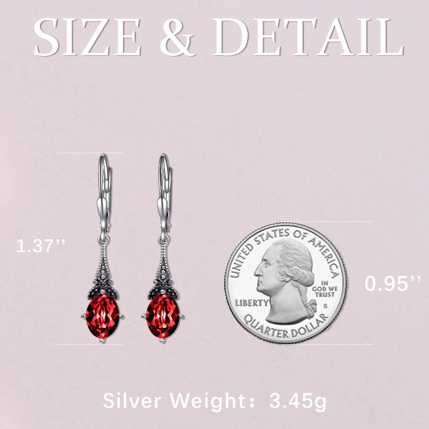 Vintage Leverback Ruby Earrings Sterling Silver Retro Drop Earrings with Oval Red Simulated Birthstone Crystal from Austria, Earrings Gifts Birthday Jewelry for Women