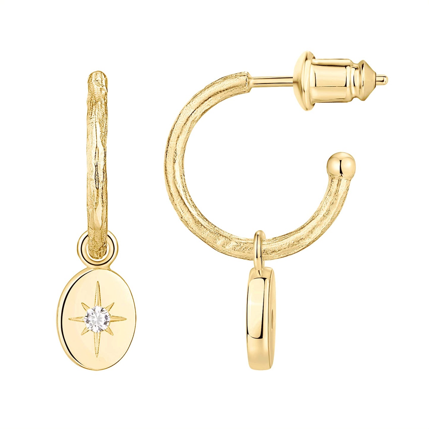 PAVOI 14K Yellow Gold Plated 925 Sterling Silver Post Celestial Dangle Huggie Hoop Earrings For Women - Trendy Starbusrst Drop Open Hoop Earrings - Cubic Zirconia Small Hinged Hammered Huggies