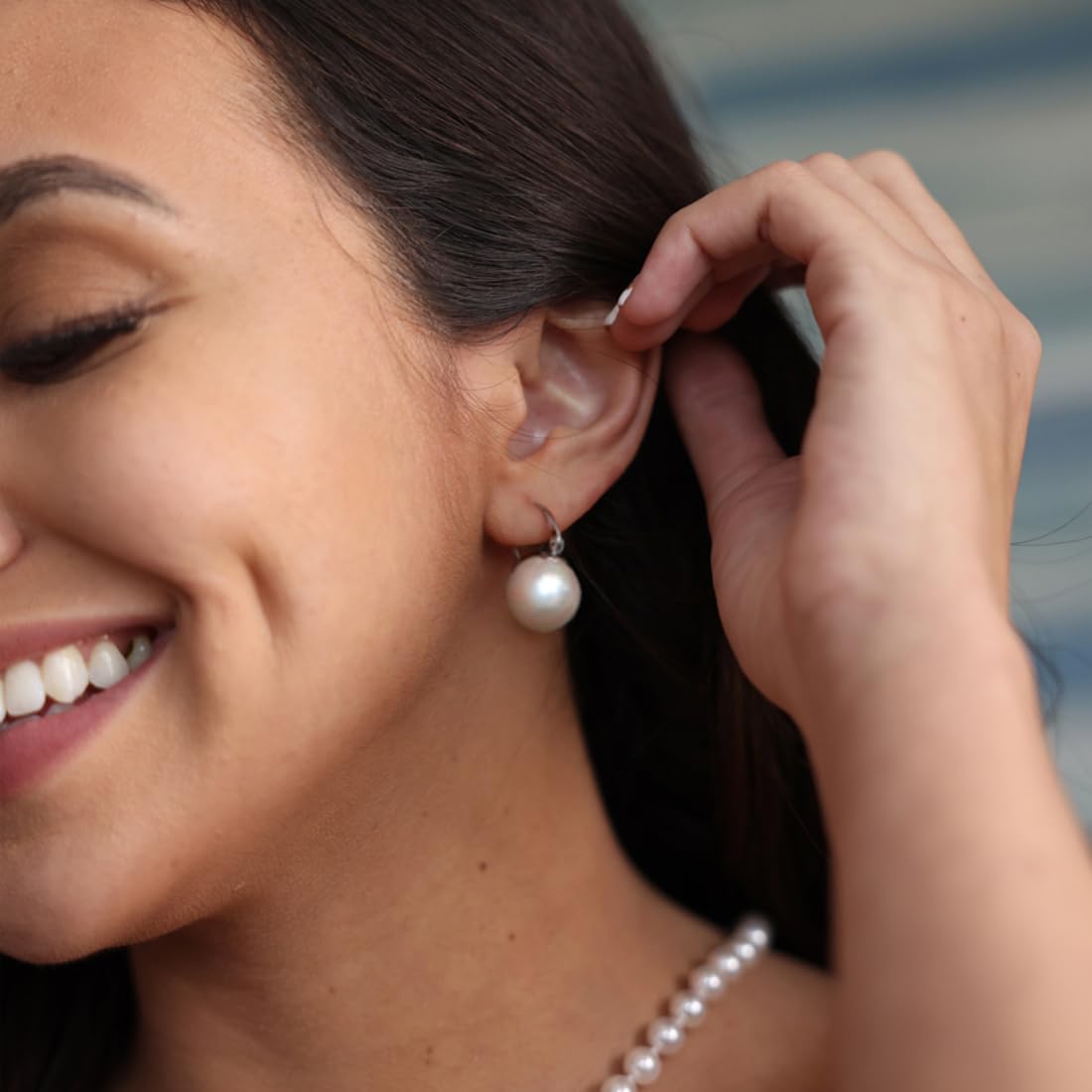 14mm Big Pearl Drop Earrings, Simple Silver Huggie Hoop Earrings, Dainty Wedding Jewelry for Bridal