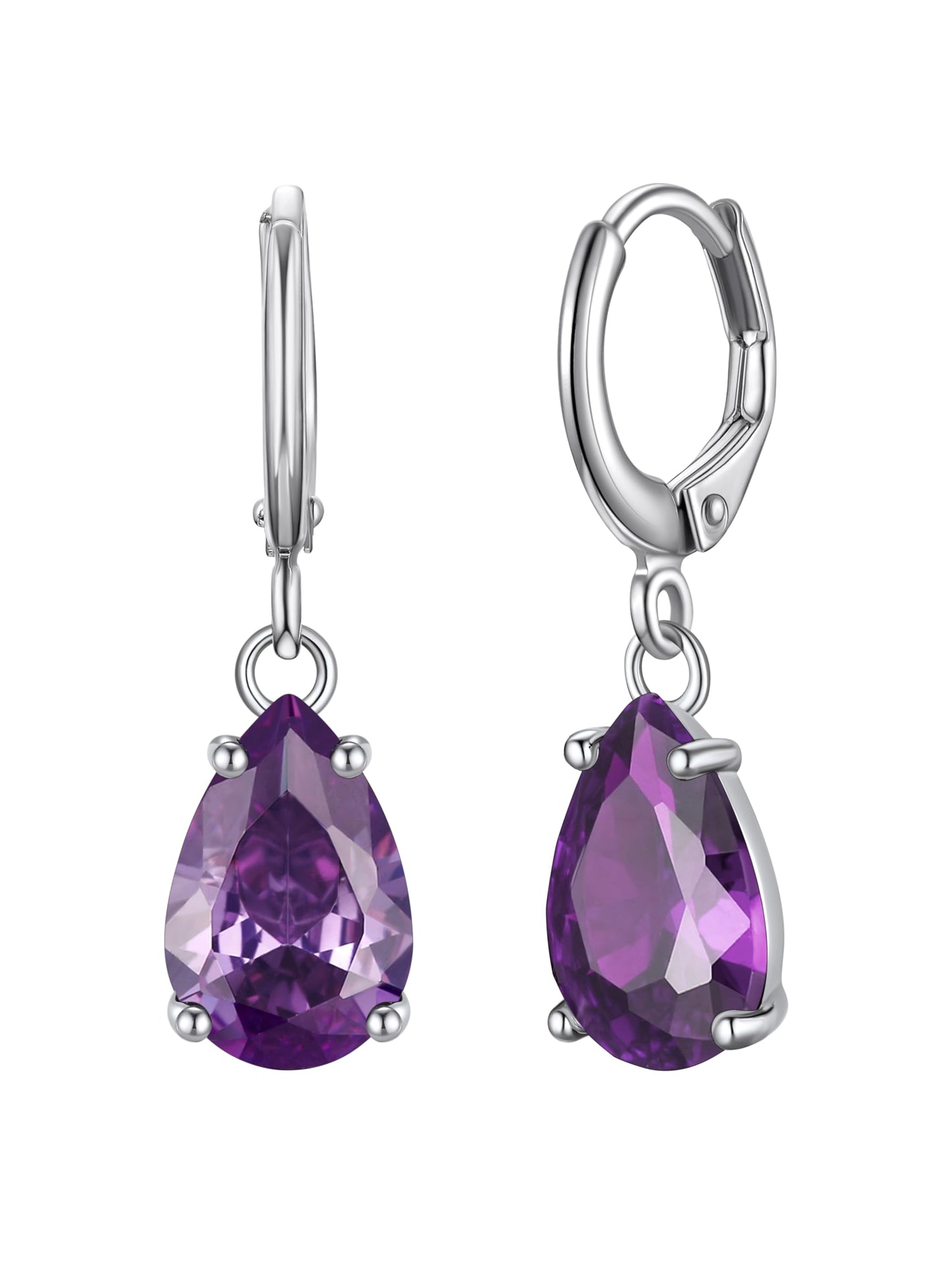 Bestyle Silver February Birthstone Dangle Earrings - Amethyst Crystal Drop Baguette Earrings for Women - Dainty Cute Small Silver Huggie Hoop Dangle Earrings for Birthday Wedding Party Gowns