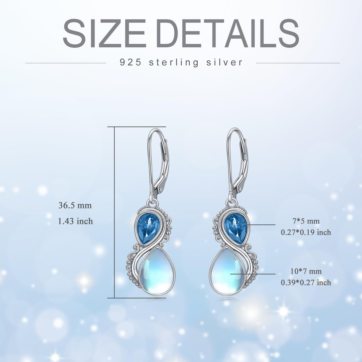 Moonstone Earrings 925 Sterling Silver Vintage Dangle Drop Leverback Earrings with Blue March Birthstone Jewelry Gifts for Women