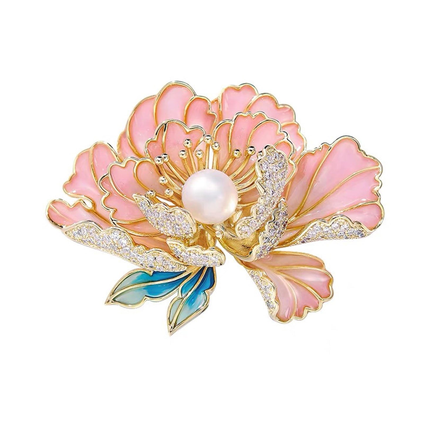 Dainty Flower Brooch Pins for Women Graceful Cubic Zircon Peony Pearl Enamel Badges Lapel Pins Trendy Banquet Prom Dress Jewelry Accessories Gift (Pink)