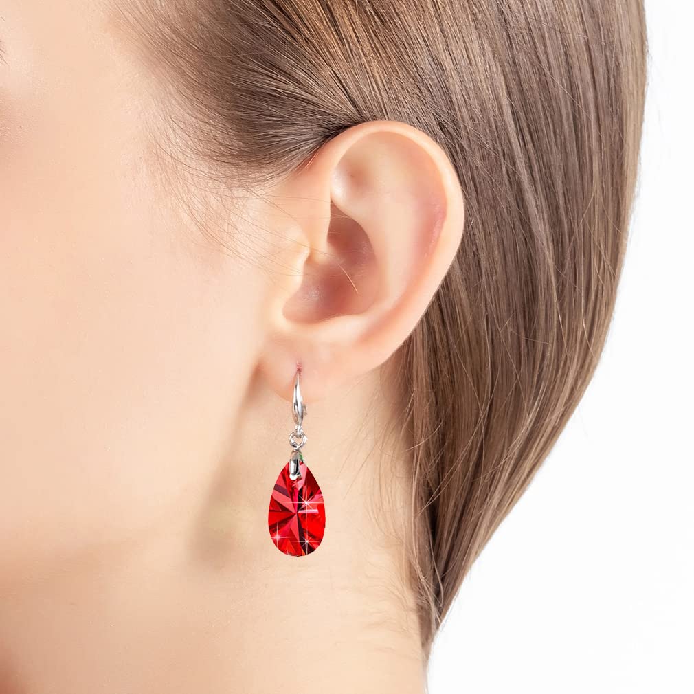 Austrian Crystal Teardrop Dangle Hook Earrings for Women 14K Gold Plated Hypoallergenic Jewelry (Red)