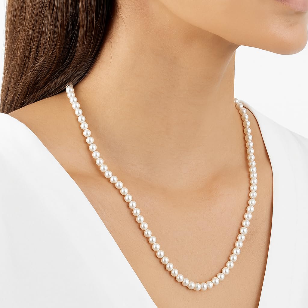 HUWODY Round White Simulated Shell Pearl Necklace Strand 6mm Pearl Choker Necklace Jewelry for Women 22inch