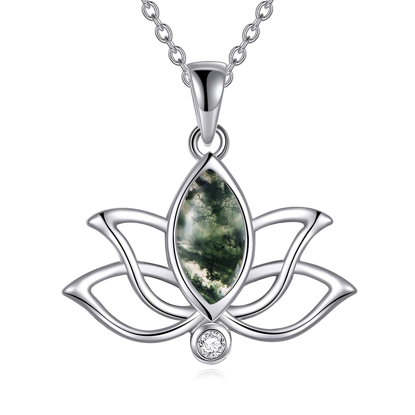 YFN Lotus Flower Necklace Sterling Silver Moss Agate Lotus Pendant Lotus Jewelry Gifts for Women