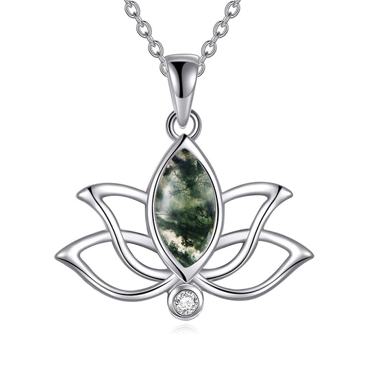 YFN Lotus Flower Necklace Sterling Silver Moss Agate Lotus Pendant Lotus Jewelry Gifts for Women
