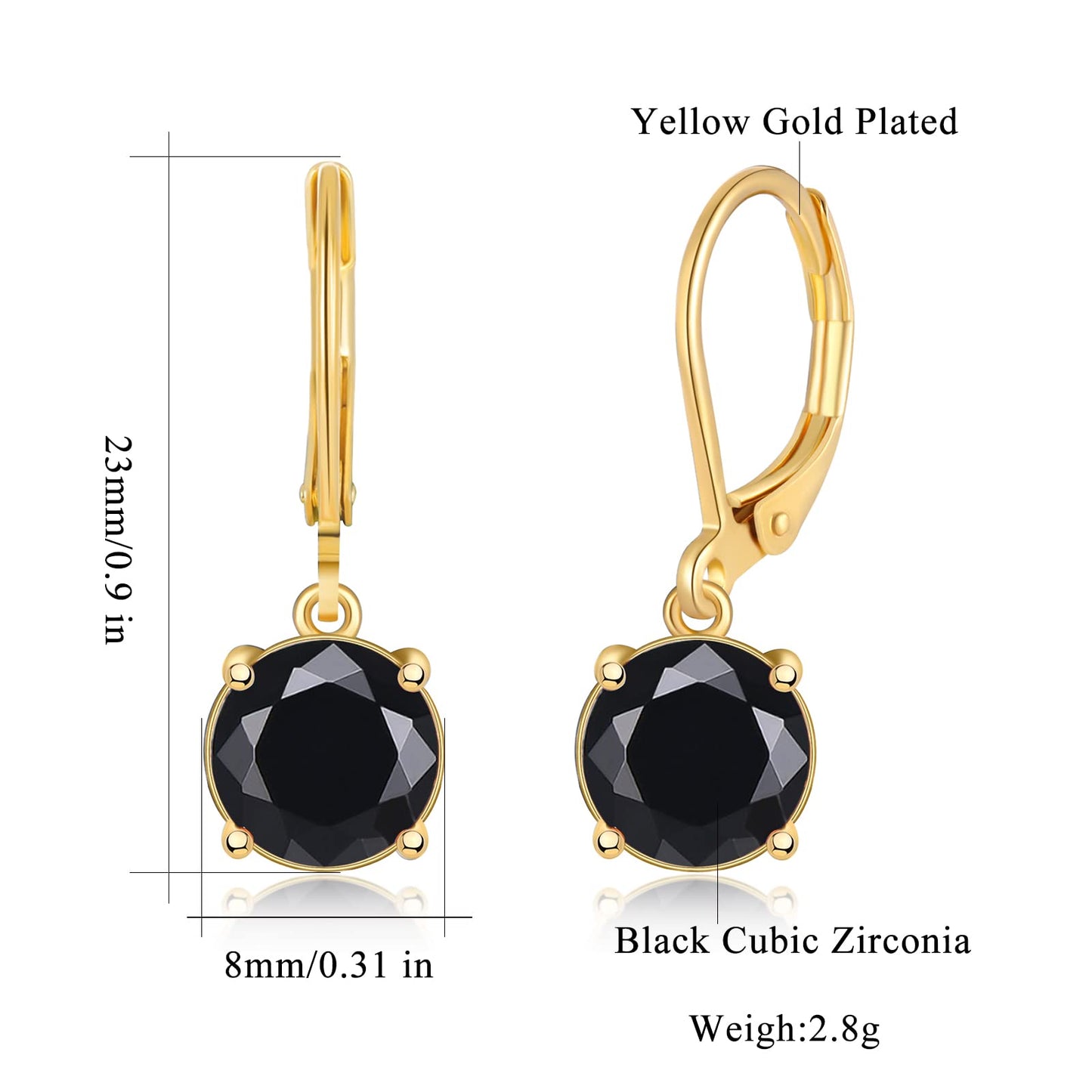 CiNily Leverback Dangle Earrings Created Black Crystal Drop Earrings 14K Gold Plated Jewelry for Women 8 mm