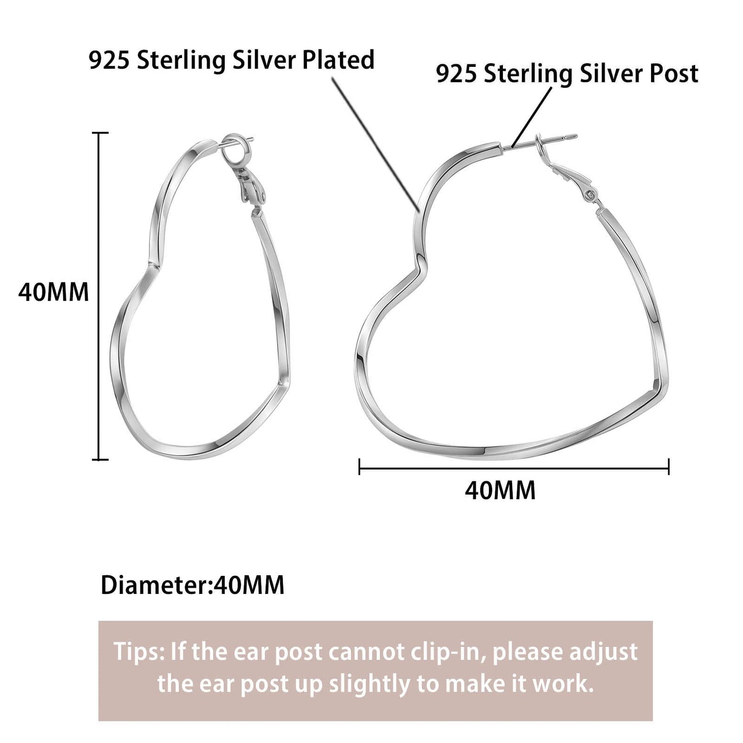 GLOQUAT Silver Plated Heart Hoop Earrings for Women Fashion Large Dangle Earring Heart Shaped Hoop Earrings Thin Hoops Lightweight and Hypoallergenic Trendy Valentie's Gift for Girlfriend Lover 40mm