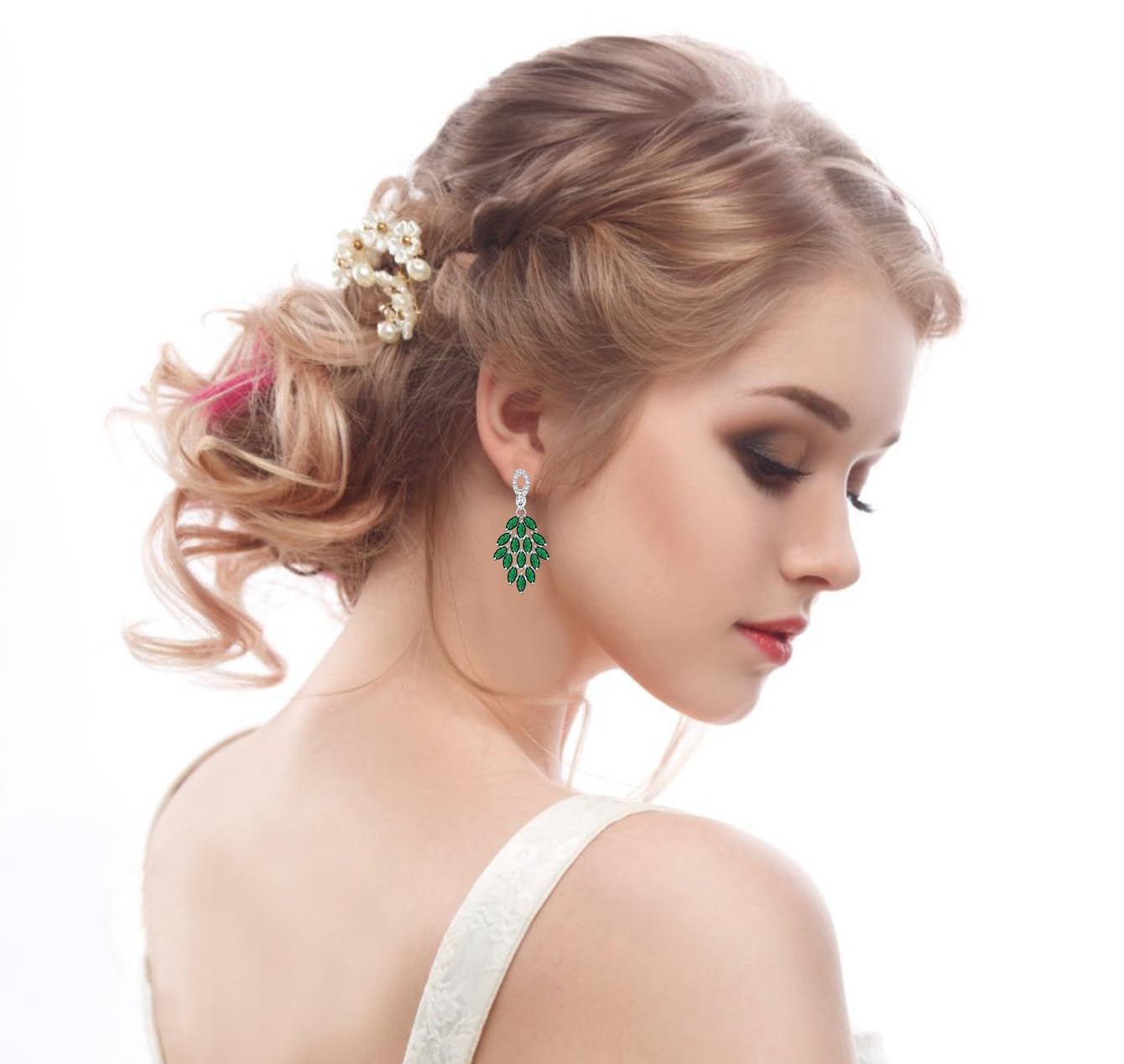 LMXXVJ Created Green Emerald Diamond Earrings Jewelry for Women,Bridal Bridesmaid Stud Earring Jewelry Wedding Pageant Proms Earring for Mom/Wife/Best Friend,Silver-Tone