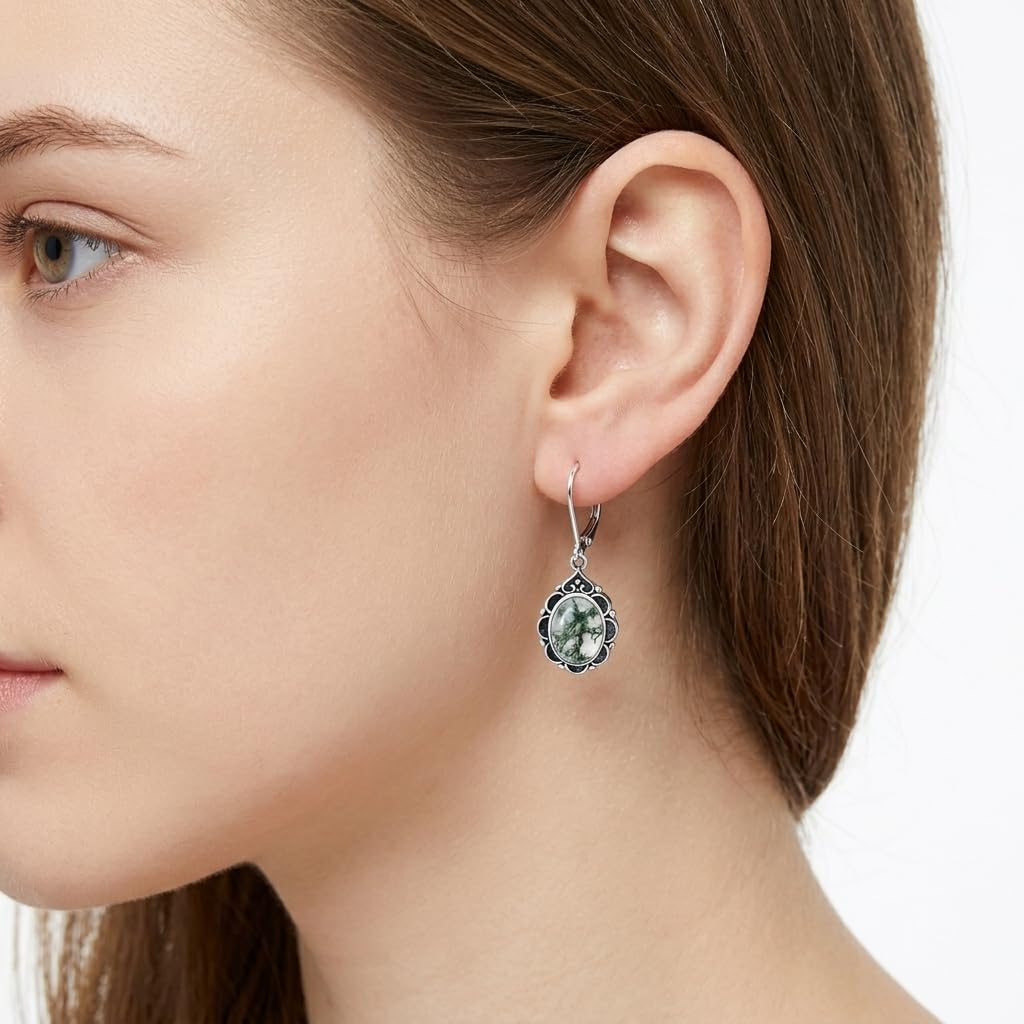 Moss Agate Drop Earrings for Women 925 Sterling Silver Vintage Oval 9x7mm Filigree Leverback Dangle Earrings, Gothic Victorian Antique Jewelry Gifts