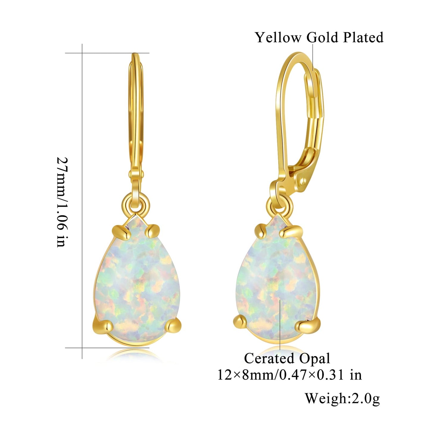 CiNily Teardrop Leverback Dangle Earrings for Women Hypoallergenic White Opal Pendant Drop Earrings 14K Gold Plated Hanging Lever Earrings Fashion Graduation Party Jewelry Gifts for Sensitive Ears