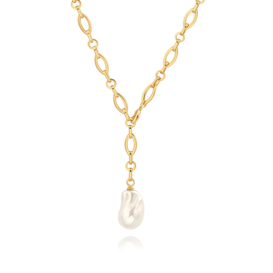 CANEVINKA 18k Gold Plated Baroque Pearl Necklace for Women Y Lariat with Adjustable Chain, Dainty Handmade Minimalist Vintage Style, Gold Plated Chain with Single Pearl Jewelry Gift
