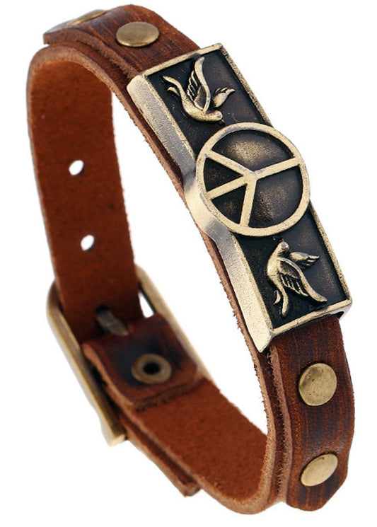 Hamoery Men Punk Leather Buckle World Peace Alloy Cuff Bracelet Bangle Wristband(Peace)