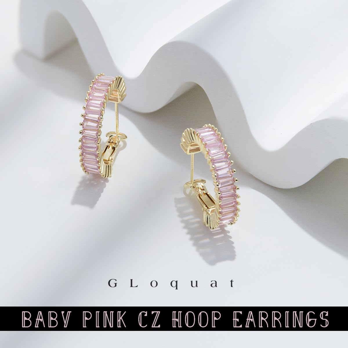 GLOQUAT Baby Pink CZ Hoop Earrings 14K Gold Plated Light Pink Hoops for Women 925 Sterling Silver Post Vintage Baguette Cubic Zirconia Earrings Trendy Gold Pink Round Circle Hoops Jewelry 25mm