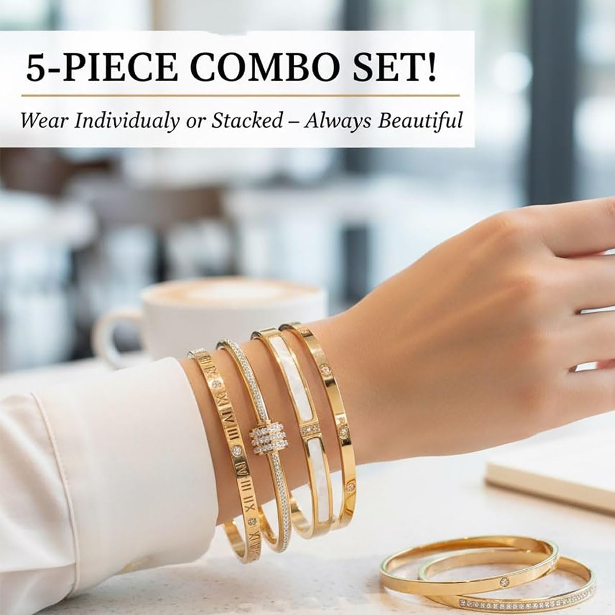 5-Piece Elegant Stainless Steel Bracelet Set, Fashionable Classic Design, Silver/Gold Love Bangle Non Tarnish Stackable Bracelet Trendy Jewelry Gift Gifts for Girlfriend Wife Her (Gold)