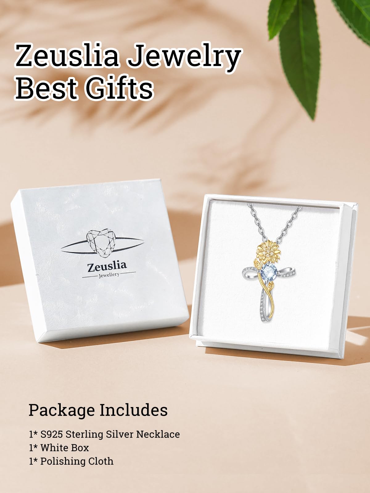 Cross Necklace for Women Sterling Silver Cross Pendant Jewelry with Sunflower Aquamarine March Birthstone Necklace Christian Religious Baptism First Communion Confirmation Birthday Gifts for Women
