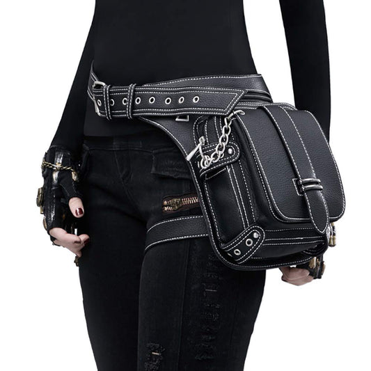 Steampunk Waist Bag Fanny Pack Fashion Gothic Leather Shoulder Crossbody Messenger Bags Thigh Leg Hip Holster Purse Travel Pouch Hiking Sport Chain Bags for Women Men