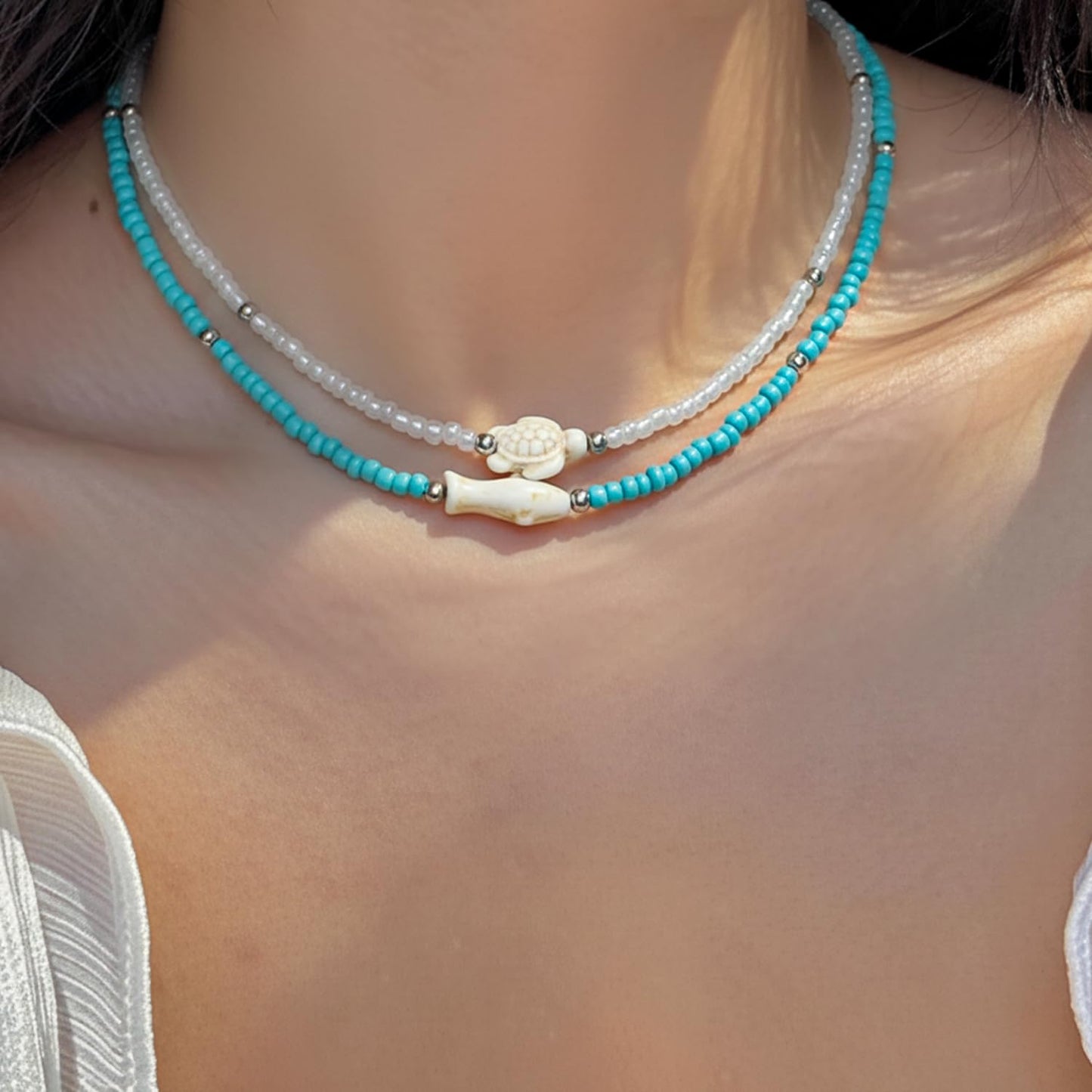 Lameybrt Cowrie Shell Surfer Necklaces, Hawaiian Beach Handmade Choker Set for Women, White Rice Bead with Black Accents, Bohemian Summer Seashell Choker 2 Piece Set, Perfect for Summer Beach Vacation, Birthday, Mother’s Day & Holiday Gifts (Shell 2A)