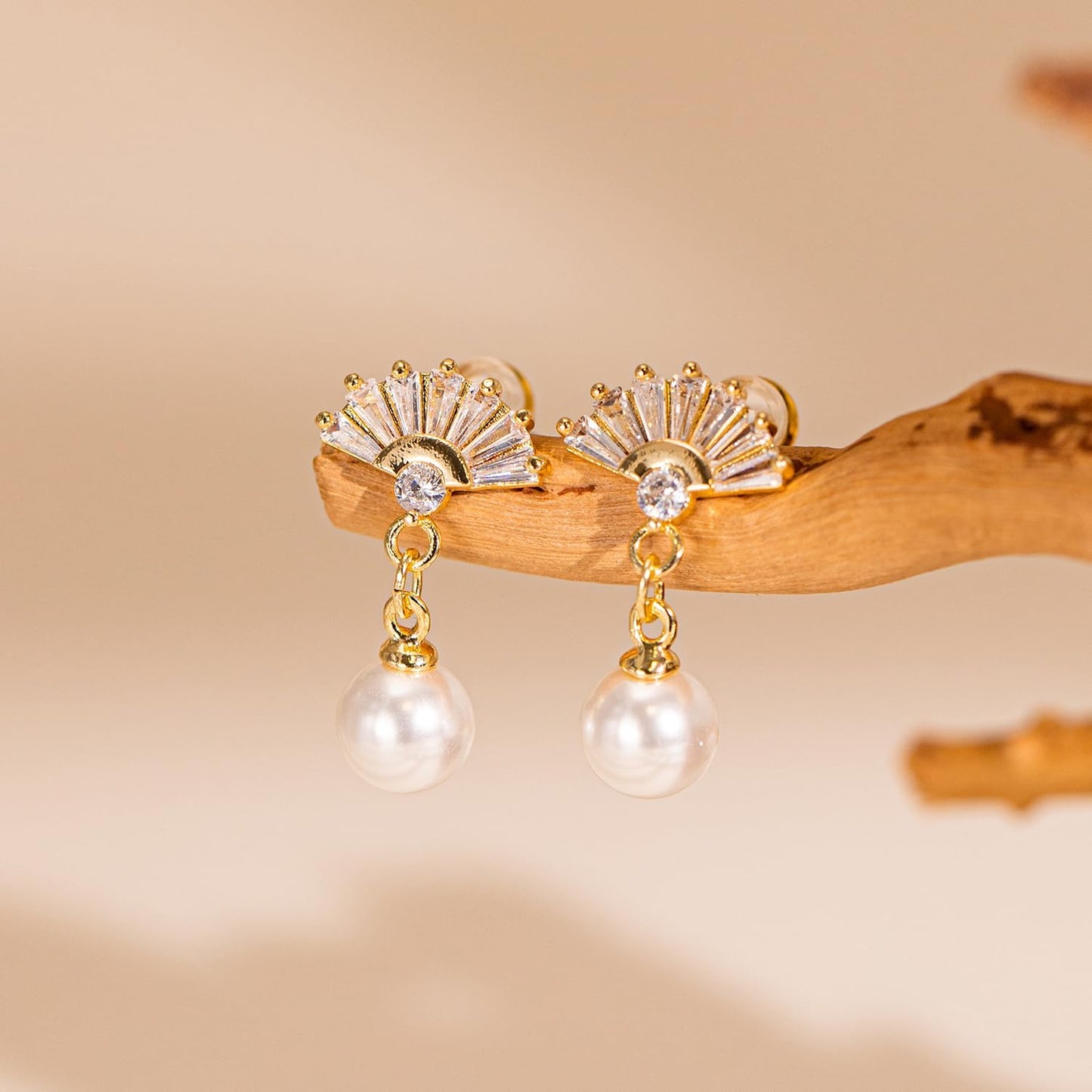 PRTGL Pearl Earrings: 14k Gold-plated Cubic Zirconia Accented Pearl Drop Wedding Engagement Earrings For Women Bridal Bridesmaid (Fan Designed)