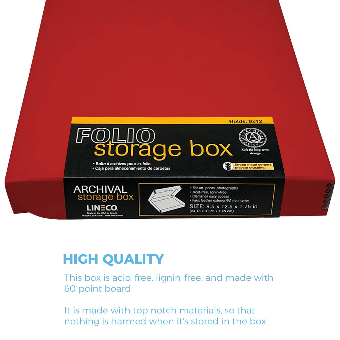Lineco Folio Storage Box, Faux Leather Cover, Clamshell Design, 9.5x12.5x1.75 Inches, Archival Boxboard, Preserve Photos, Cards, Magazines, Documents, Art, Ephemera, Family Records, Red, Pack of 1