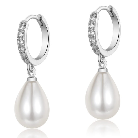 CERSLIMO Sterling Silver Pearl Drop Earrings for Women, S925, Hypoallergenic, 30mm Length, 13mm x 10mm Pearl Size, Hoop Inner Diameter 10mm