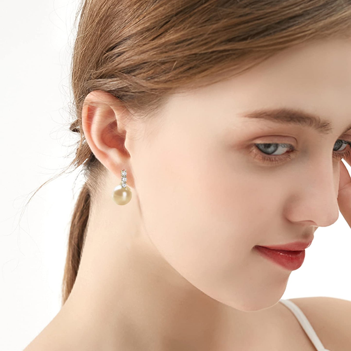 Pearl Earrings for Women 14K Gold Plated Hypoallergenic Pearl Earrings 5A Cubic Zirconia Dangle Earrings Elegant Jewelry (1-Gold-brown)