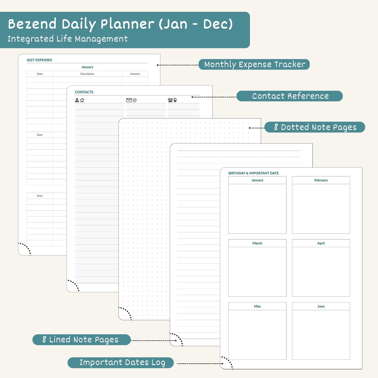 BEZEND 2027 Daily Planner (6" x 8.5") Full Page Per Day & Equal Weekends - Dual Column Schedule with Note Section & Monthly Tabs (Jan-Dec) PU Vegan Leather Hardcover, Work Life Balance - Burgundy