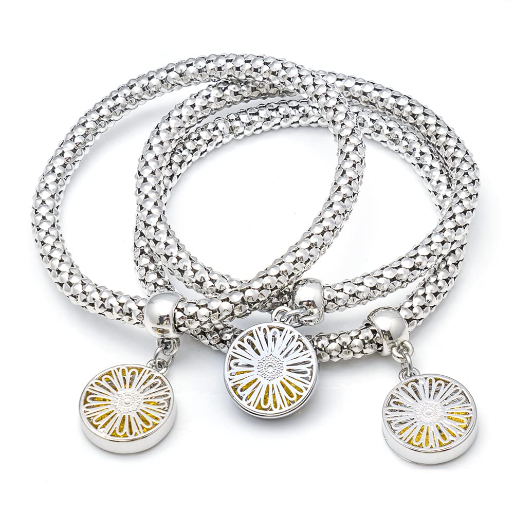 Crystal Charms Multilayer Bracelets - 3PCS Gold/Silver/Rose Gold Corn Chain Bracelet for Women, Tree of Life Heart Shaped Stretch Bracelet (Silver Daisy Charm)