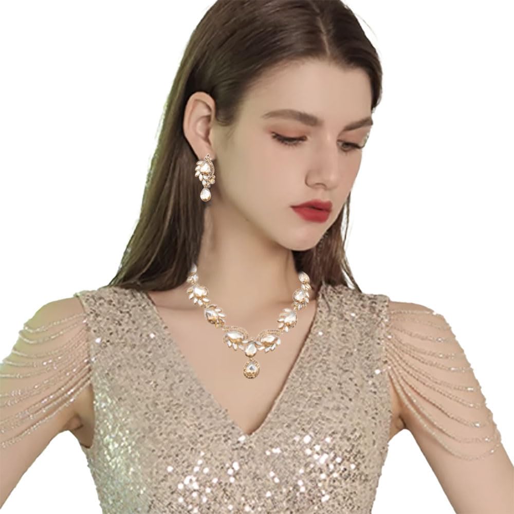 Qlavoca Elegant Crystal Jewelry Set for Women Teardrop Pandent Neccklace Rhinestone Satement Necklace and Dangle Earrings for Bridal Evening (Champagne)