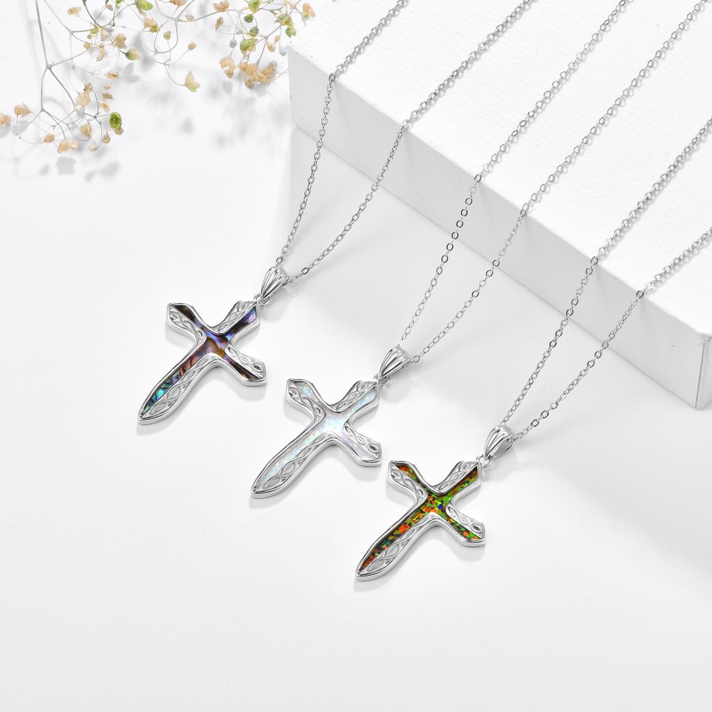 Dreamboat Sterling Silver Cross Necklace for Womens Cross Pendant Faith Christian Jewelry White Opal Celtic Necklace Confirmation Religious Gifts for Mom