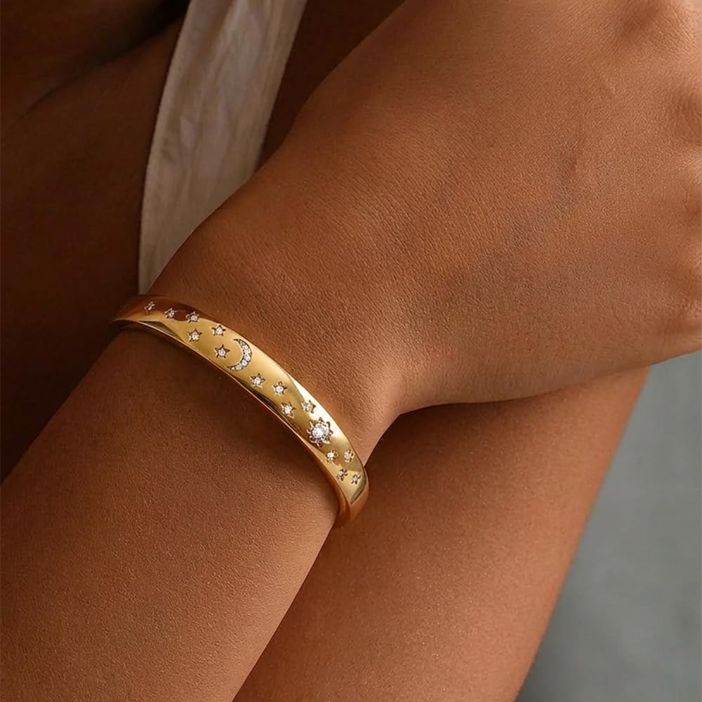 TENTMENTISE Bracelet for Women Diamond-Cut Star and Moon Bangle 18K Gold Plated Stainless Steel Bracelet Cubic Zirconia Accents Statement Jewelry Non-Tarnish Bracelet Birthday Gift for Her