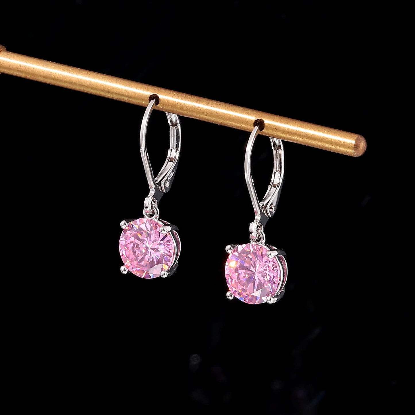 CiNily Leverback Dangle Earrings for Women Ladies Pink Cubic Zircon Pendant Earrings 14K White Gold Plated Hypoallergenic Crystal Drop Earrings for Sensitive Ears Jewelry 8 mm