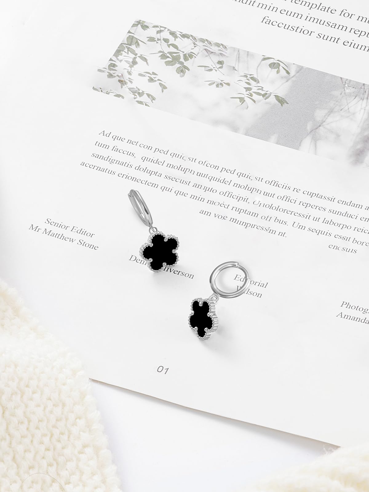 Gold Plated Five Leaf Clover Dangle Earrings for Women Lucky Flower Jewelry (Black-White Gold Plated)