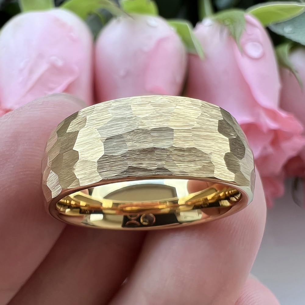 TUTISS 8mm Gold Hammered Tungsten Rings for Men Women Engagement Wedding Bands Domed Matte Finish Comfort Fit Size 9.5