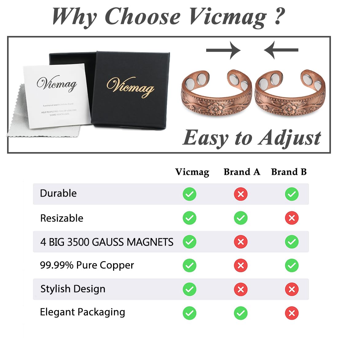 Vicmag Copper Magnetic Rings for Women Magnetic Ring 99.9% Copper Finger Ring Ultra Strength Magnet Gift Adjustable (Vintage Flower)