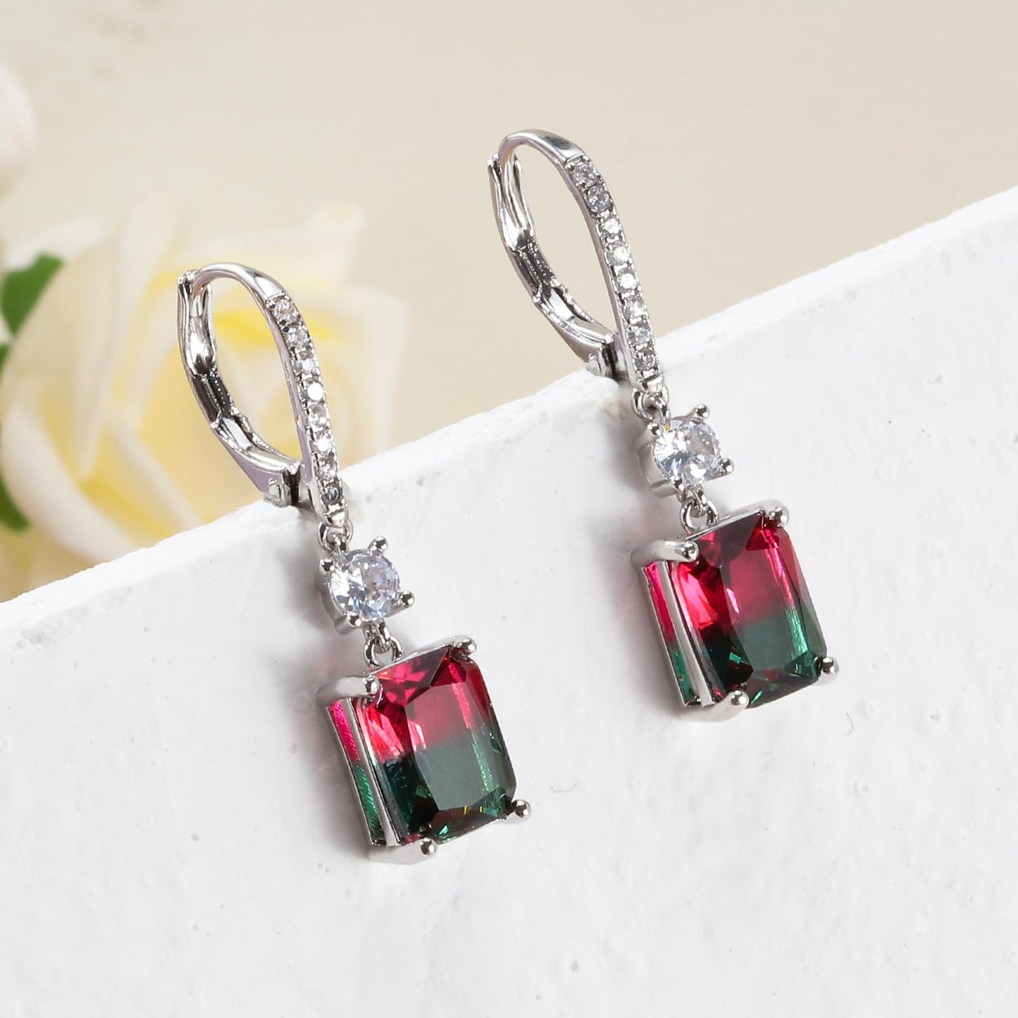 CiNily Leverback Earrings for Women Rectangular-cut Drop Dangle Earring Hypoallergenic, 14K White Gold Plated Red and Green Cubic Zircon Earrings Diamond Dangle Ear Rings Jewelry Birthday