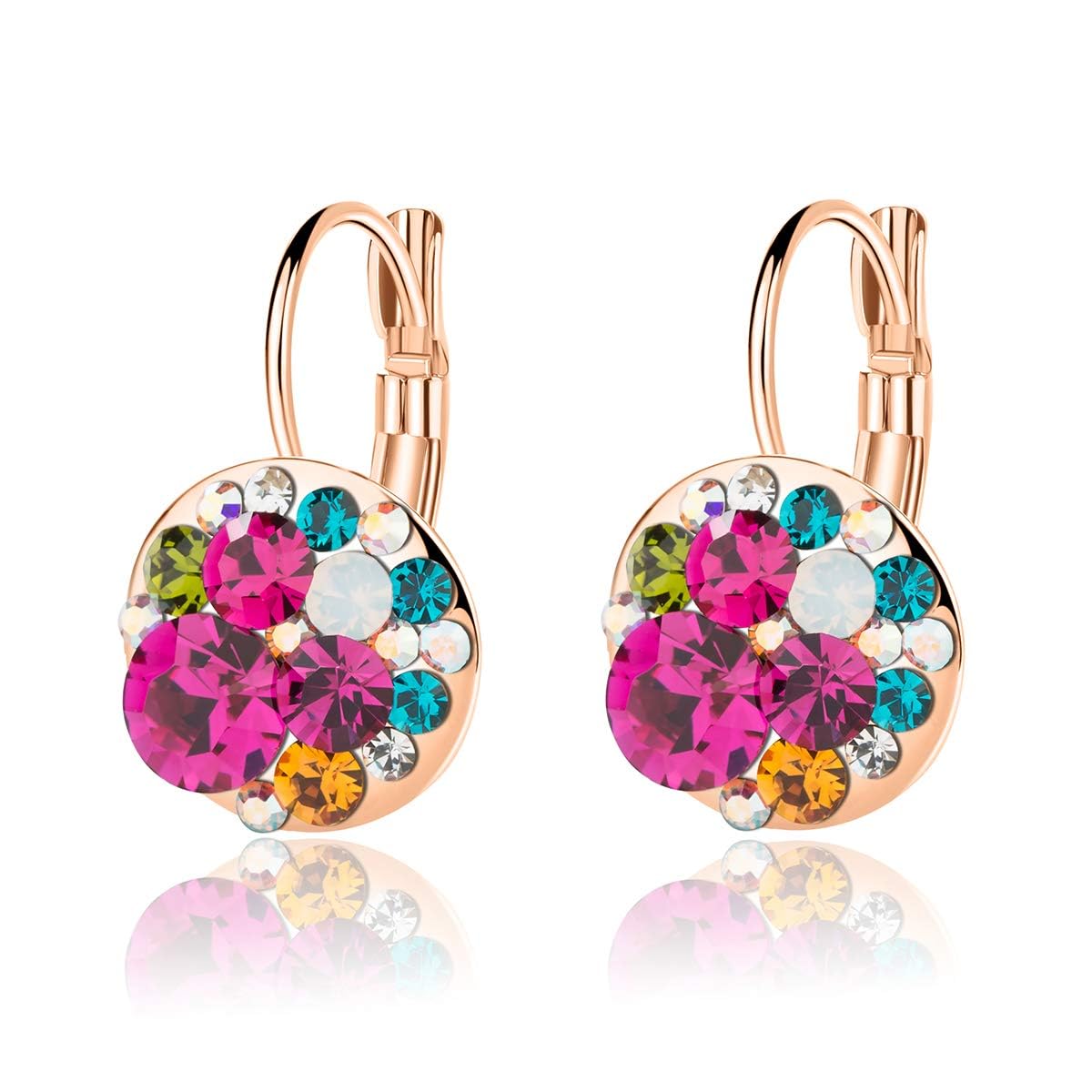 Multicolored Austrian Crystal Drop Earrings for Women 14K Gold Plated Leverback Dangle Hoop Earrings (Rose Main Crystal/Rose Gold-tone)