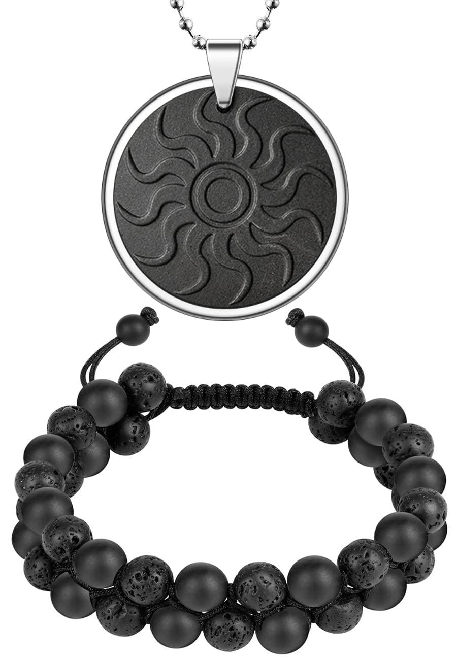 Necklace Pendant and Bracelet and Sticker (3 in 1 SET), Pendant - Metal Frame Protection, Bracelet - Two Layers of Beads, Sticker - Shungite Protection, Reduce Anxiety, Relieve Stress, for Women/Men