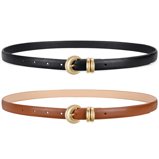 Jorywell 2 Pack Women Skinny Leather Belts for Jeans Dress Thin Waist Belt for Ladies with Gold Buckle 0.8’’ Width