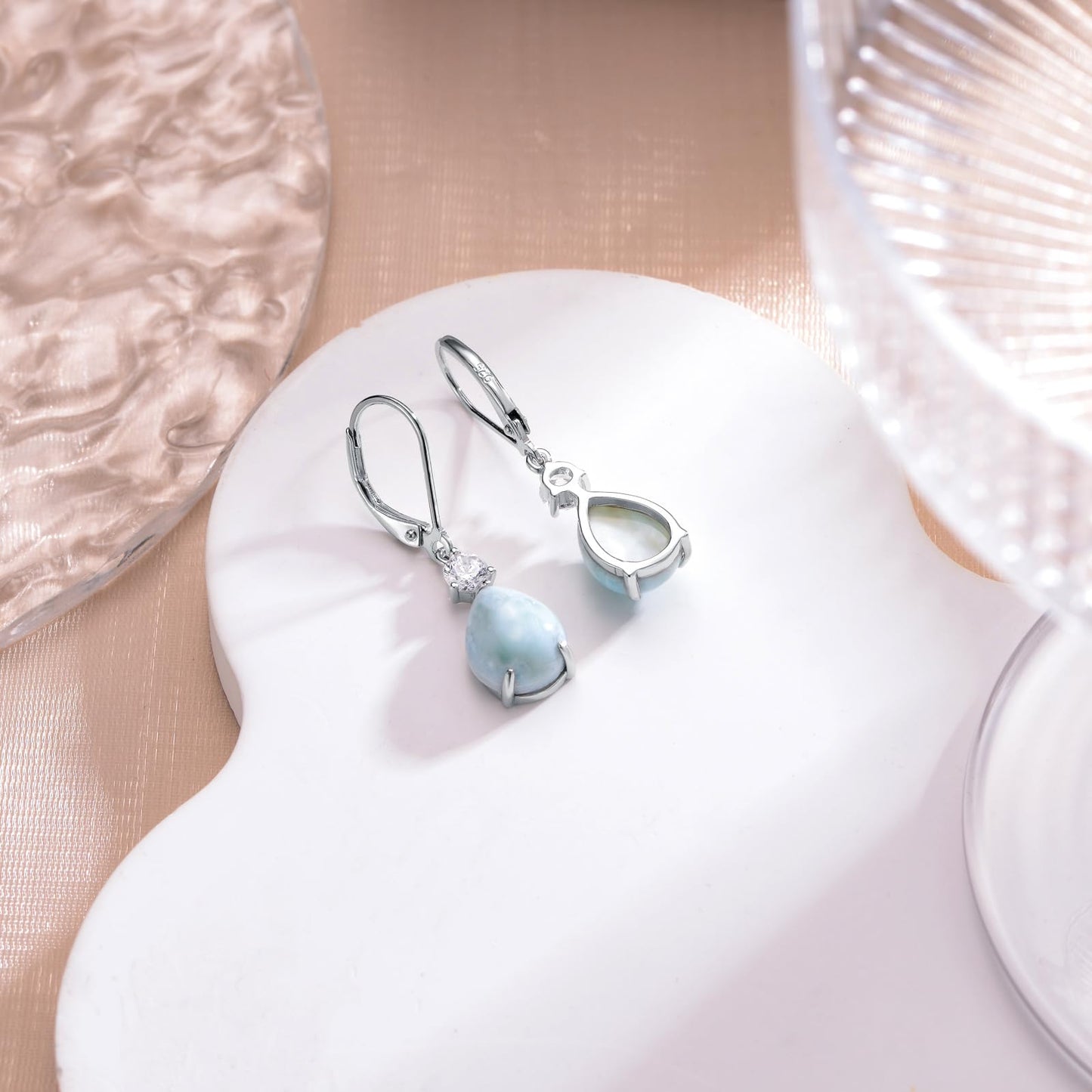 Larimar Earrings 925 Sterling Silver Teardrop Leverback Earrings Blue Stone Dangle Dangling Earrings Larimar Jewelry Gift for Women