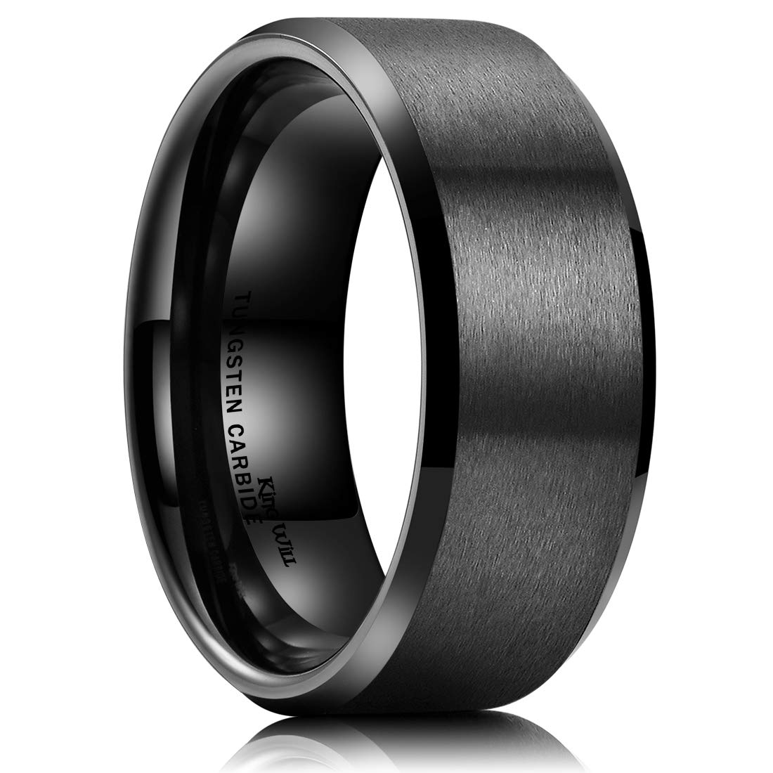 King Will 9mm Men's Black Wedding Ring - Brushed Matte Surface, Beveled Polished Edge, Comfort Fit Size 9.5